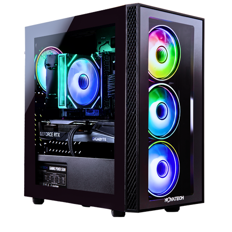 NOVATECH gaming PC in a black case with three RGB front fans and a glass side panel