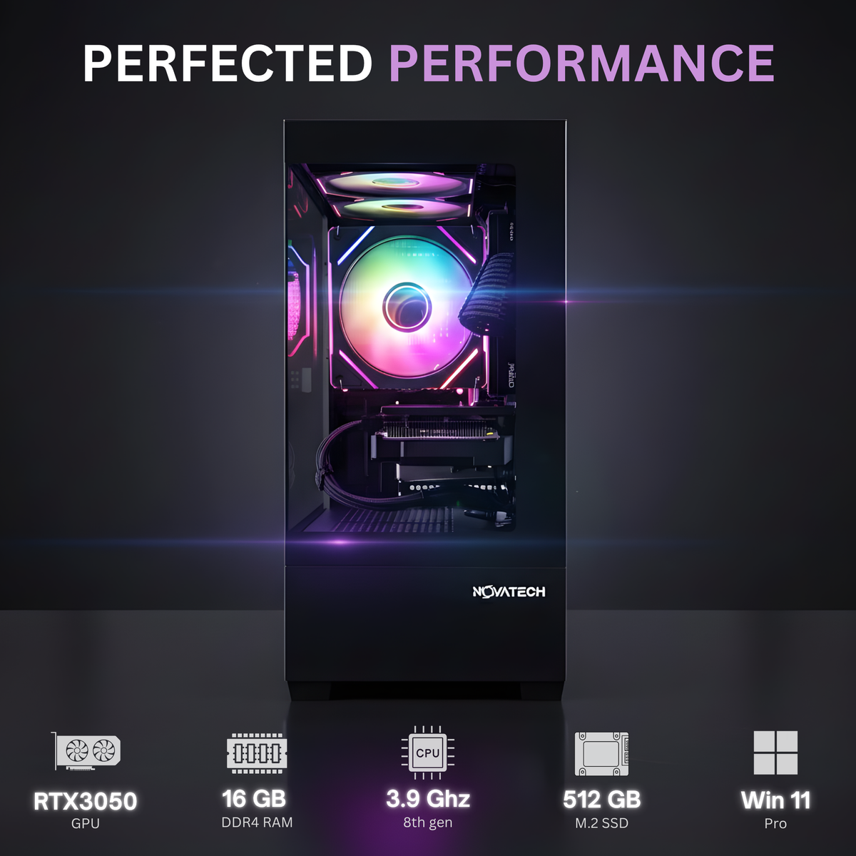 Prism 2.0 specs: NVIDIA RTX 3050, 16GB DDR4, Intel Xeon up to 3.9 GHz, 512GB M.2 SSD, Windows 11 Pro