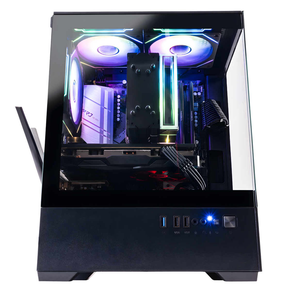 Side view of the Prism 2.0 through the glass, with Wi-Fi antennas on the back
