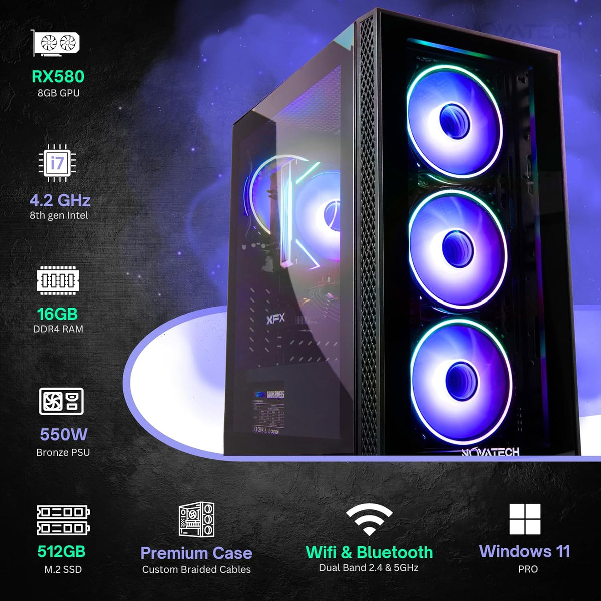 Phantom specs: Radeon RX 580 8GB, Intel Xeon, 16GB DDR4, 512GB M.2 SSD, 550W PSU, dual-band Wi-Fi, Bluetooth, Windows 11 Pro