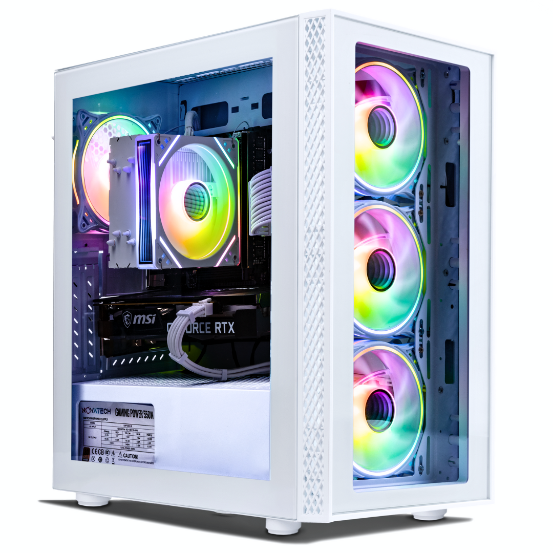 White NOVATECH Phantom 2.0 Gaming PC Tower with RGB Fans