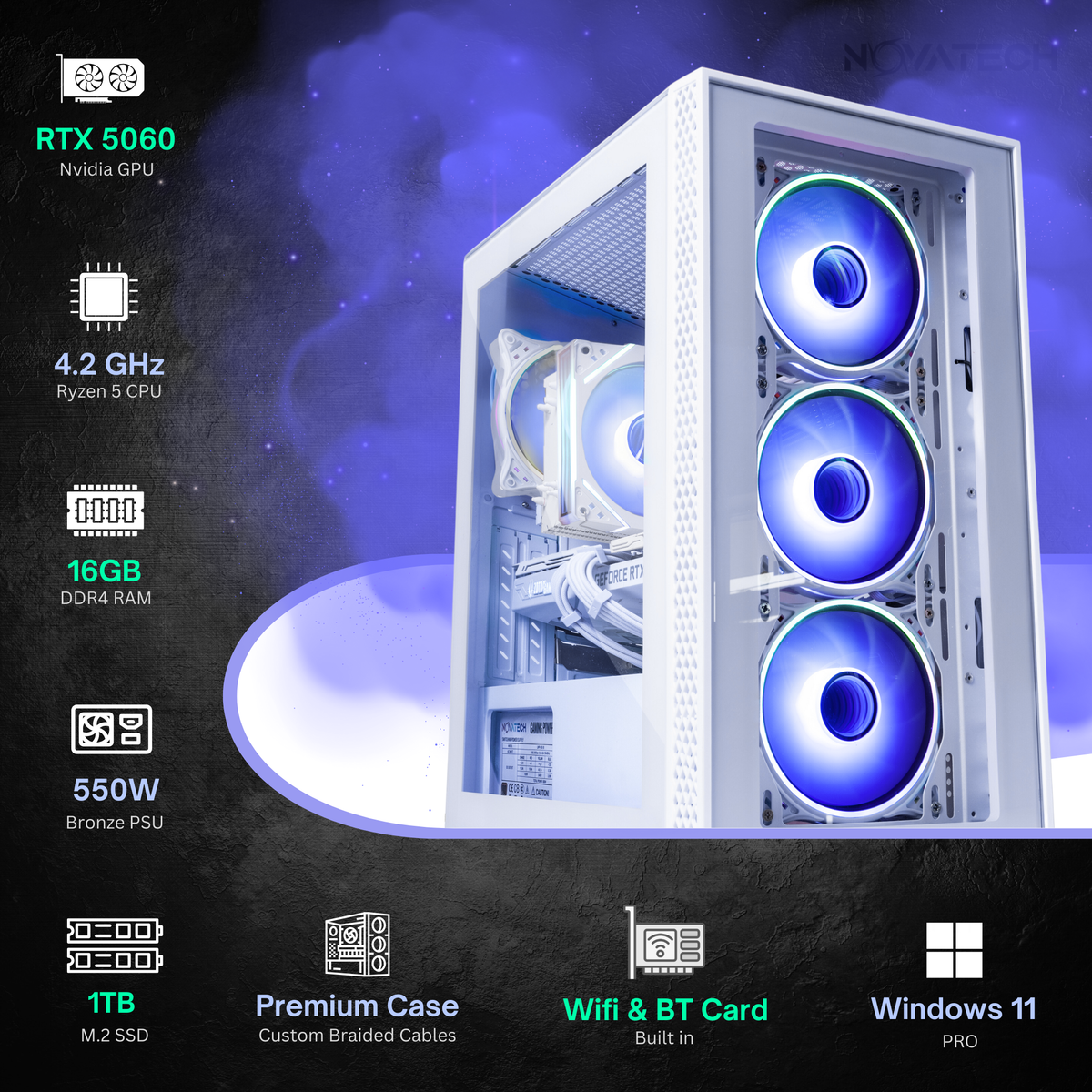 TITAN Pro+ Arctic specs: RTX 5060, Ryzen 5, 16GB DDR4, 1TB SSD, 550W PSU, Wi-Fi, Bluetooth, Windows 11 Pro