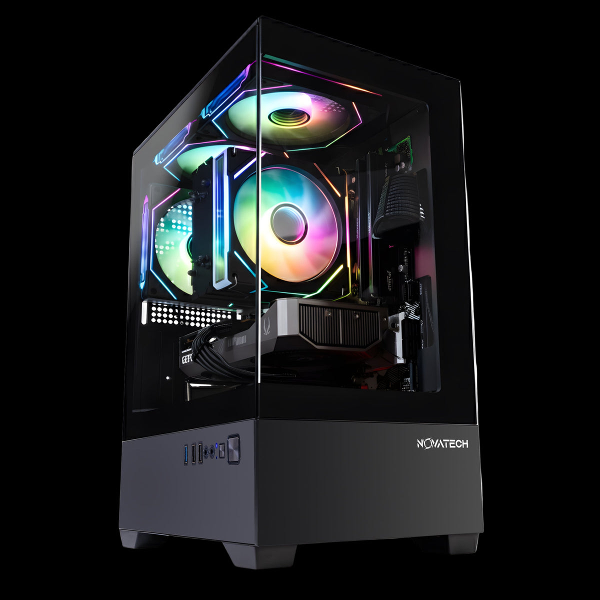 Prism 2.0 gaming PC with RGB fans on a dark background