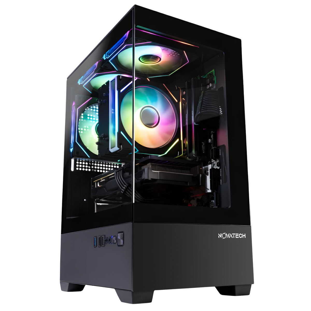 NOVATECH Prism gaming PC in a black panoramic glass case with RGB fans